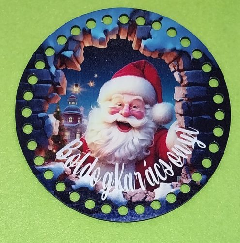 15cm Baza din lemn crosetabil Ciocantoare medie cu inscriptia Mos Craciun Boldog Karácsonyt  Cu gaura de 7mm, 1bucata, grosime 2,5mm. 