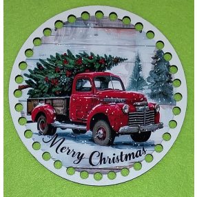   Coroana din lemn imprimata crosetabila cu gaura de 7 mm Masină rosie cu inscriptia Crăciun Fericit. 1 bucata 15cm,grosime 2,5mm. 