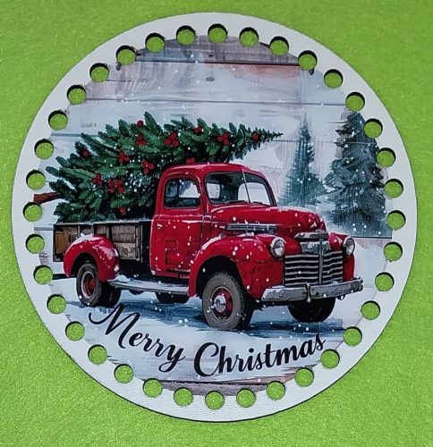 Coroana din lemn imprimata crosetabila cu gaura de 7 mm Masină rosie cu inscriptia Crăciun Fericit. 1 bucata 15cm,grosime 2,5mm. 