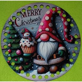   Coroana din lemn imprimata crosetabil cu elf cu palarie rosie la mijloc si inscriptia Crăciun Fericit. 1 bucata 15cm, grosime 2,5mm. 