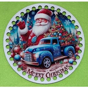   Cicanel  din lemn imprimat crosetabil cu gaura de 7 mm, Mos Crsciun cu masina albastra, inscriptie Crăciun Fericit.1 bucata 15cm, grosime2,5m. 