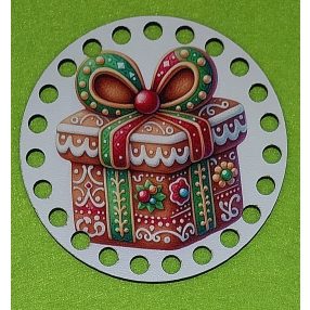   Baza din lemn natural de 10cm crosetabil imprimat, in forma de cutie pentru cadouri din turta dulce. Cu gaura de 7mm, 1bucata, grosime 2,5mm