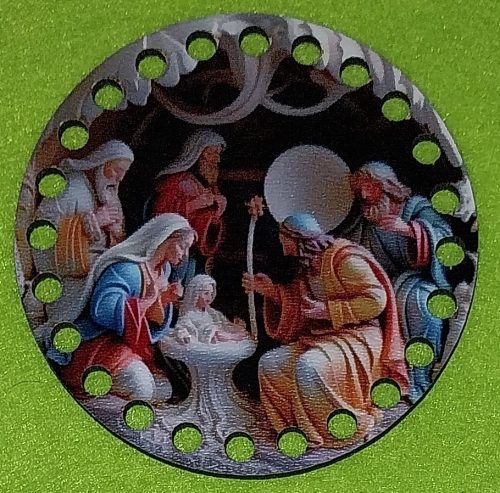 8cm Baza din lemn imprimată crosetabila, trei regi cu Isus, gaura de 5 mm, 1 buc., 8 cm, grosime 2,5 mm 