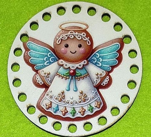 8cm Baza din lemn imprimata, circular, crosetabil, ingeras din turta dulce cu gaura de 5 mm, 1 buc., 8 cm, grosime 2,5 mm 