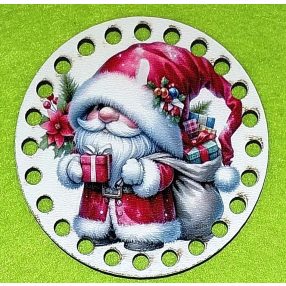   8cm Bază din lemn imprimata, crosetabila cu diametrul de 8 cm, Moș Crăciun dragut cu gaura de 5 mm, 1 buc. 8 cm, grosime 2,5 mm 