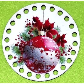   8cm Baza din lemn imprimata, crosetabila, brad de Crăciun rosu cu bila, gaura de 5 mm, 1 buc., 8 cm, grosime 2,5 mm 