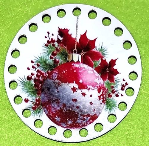 8cm Baza din lemn imprimata, crosetabila, brad de Crăciun rosu cu bila, gaura de 5 mm, 1 buc., 8 cm, grosime 2,5 mm 