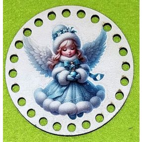   8cm Baza circulara din lemn imprimata, crosetabila, inger in rochie albastra cu gaura de 5 mm, 1 buc., 8 cm, grosime 2,5 mm 
