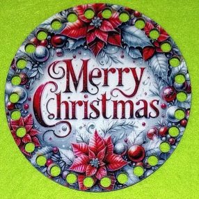   12cm Baza din lemn imprimata crosetabil Poinsettia roșie cu inscriptia Crăciun Fericit. Cu gaura de 7mm, 1 bucata, grosime 2,5mm. 