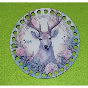   12cm Baza din lemn crosetabila imprimata cu model de cerb printre flori. Cu gaura de 7mm, 1 bucata, grosime 2,5mm. 