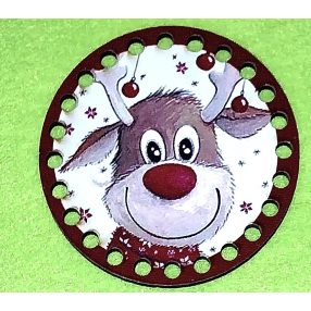   8cm Baza circulara crosetabil din lemn imprimata Rudolf cu rama rosie, gaura de 5 mm, 1 buc., 8 cm, grosime 2,5 mm 