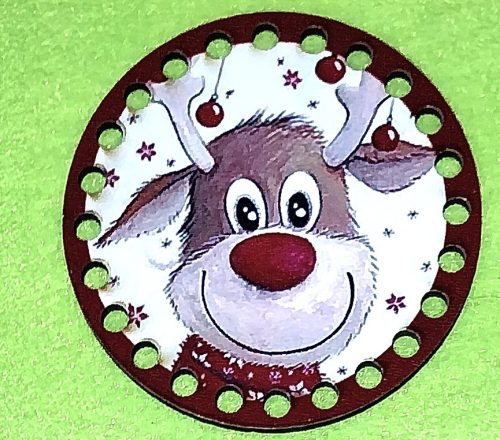 8cm Baza circulara crosetabil din lemn imprimata Rudolf cu rama rosie, gaura de 5 mm, 1 buc., 8 cm, grosime 2,5 mm 