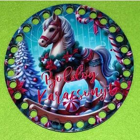   12cm Baza din lemn crosetabil  imprimat Cal balansoar cu inscripție de Boldog Karácsonyt. Cu gaura de 7mm, 1 bucata, grosime 2,5mm. 