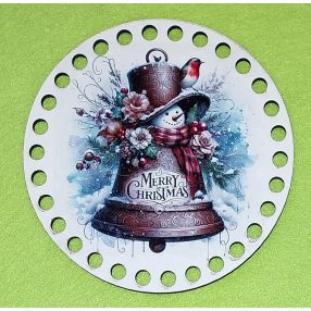   12cm Baza din lemn imprimata crosetabil cu gaura de 7 mm Clopotel cu om de zapada și inscriptia Crăciun Fericit. 1 bucata, grosime de 2,5mm. 