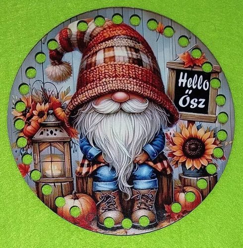 15cm Ciocanel de copac crosetabil cu gaura de 7 mm, elf cu nicovala și floarea-soarelui si inscriptia Hello Ősz. 1 bucata 15cm, grosime 2,5mm. 