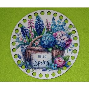   12 cm Baza din lemn natural in forma de cos cu zambile cu inscriptia Hello sprig. Cu gaura de 7 mm, 1 bucata, grosime 2,5mm. 