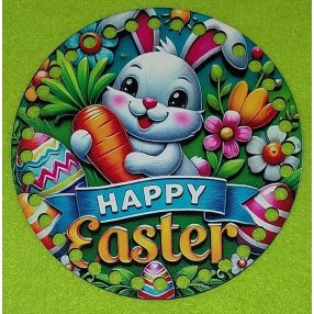   15cm Baza din lemn imprimata crosetabil, in forma de cerc, iepuras alb printre flori, cu morcov in mana, cu inscriptia Paște Fericit. Cu gaura de 7mm, 1buc 15cm, grosime 2,5mm. 