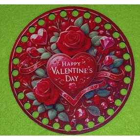   Baza din lemn natural circular cu diametru de 12 cm crosetabil imprimat cu model pentru Sf. Valentinv cu gaura de 7cmm, 1 bucata, grosime 2,5mm