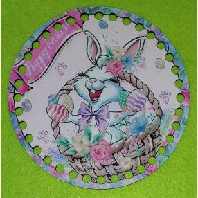   15cm Iepuras  din baza de lemn imprimat crosetabil, cerc, în cos, cu inscriptia Paste Fericit. Cu gaura de 7mm, 1 buc, grosime 2,5mm.  