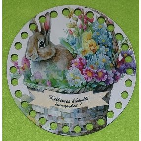   12cm Baza din lemn imprimata crosetabil cu gaura de 7 mm Iepuraa în coa cu inscriptia Paste fericit. 1bucata/pachet, grosime 2,5mm. 