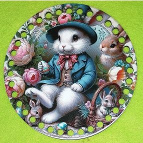   15cm Baza din lemn imprimata crosetabila cu gaura de 7 mm Iepuras  alb cu palarie. 1 bucata/pachet 15cm, grosime 3mm