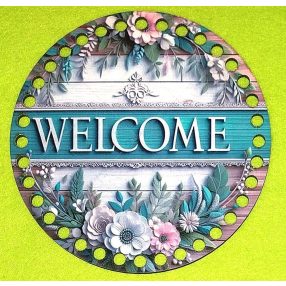   15cm Baza din lemn imprimata crosetabila cu gaura de 7 mm Fundal maro din scandura cu inscriptia de Bun Venit. 1bucata/pachet, grosime 3mm