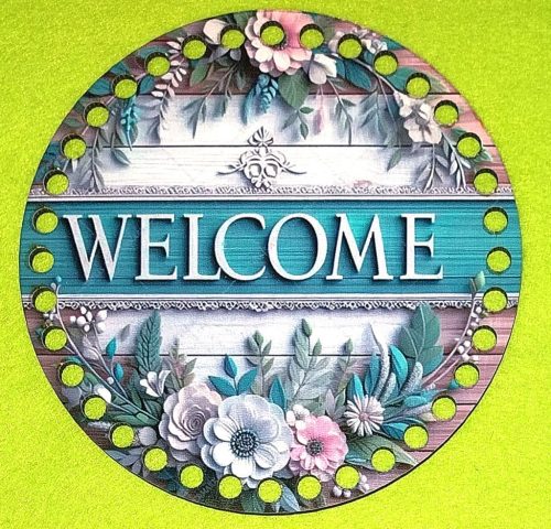 15cm Baza din lemn imprimata crosetabila cu gaura de 7 mm Fundal maro din scandura cu inscriptia de Bun Venit. 1bucata/pachet, grosime 3mm