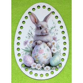   11x15cm Iepuraș stand cu oua croșetabil imprimat . Cu gaura de 6mm, 1 bucata, grosime 3mm. 