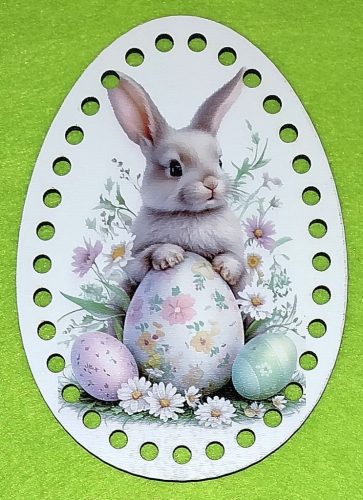 11x15cm Iepuraș stand cu oua croșetabil imprimat . Cu gaura de 6mm, 1 bucata, grosime 3mm. 