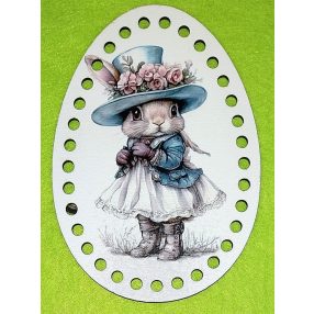   11x15cm Baza din lemn natural imprimat cu model de iepuras cu ou in palarie de fetita. Cu gaura de 6mm, 1 bucata , grosime 3mm. 