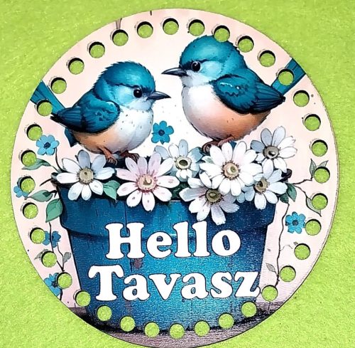 15cm Baza din lemn imprimata crosetabila cu gaura de 7 mm cu inscripte Doua pasari pe o cutie de flori.Hello Tavasz 1bucata/pachet, grosime 3mm. 