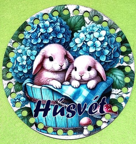 15cm Baza din lemn imprimata crosetabila cu gaura de 7 mm Doi iepurasi întro cutie cu inscriptie de Húsvét. 1bucata/pachet 15cm , grosime 3mm. 