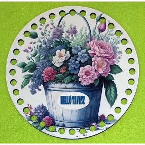   15cm Baza din lemn imprimata crosetabila cu gaura de 7 mm Buchet de flori cu galeata metalica si inscriptia Buna ziua, Hello Tavasz. 1bucata/pachet, 15cm, grosime 2,5mm