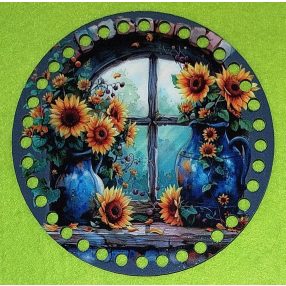   15cm Baza din lemn imprimata crosetabila cu gaura de 7 mm Floarea-soarelui în fereastra întro vaza albastra 1 buc/pachet 15 cm grosime 2,5 mm 