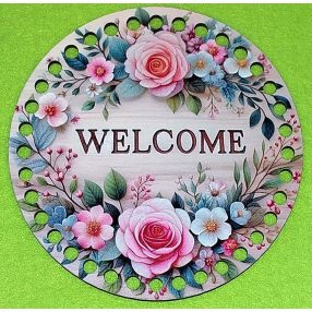   15cm Baza din lemn imprimata crosetabil cu gaurade 7 mm Fundal de trandafir roz cu inscriptie de bun venit 1 buc/pachet 15 cm grosime 2,5 mm 