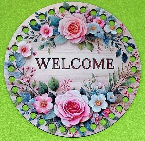 15cm Baza din lemn imprimata crosetabil cu gaurade 7 mm Fundal de trandafir roz cu inscriptie de bun venit 1 buc/pachet 15 cm grosime 2,5 mm 