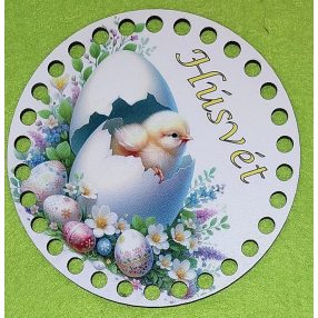   12cm Baza din lemn imprimata crosetabila cu gaura de 7 mm Puisor în coaja de ou cu inscriptie de Húsvét 1 buc/pachet 12 cm grosime 2,5 mm 