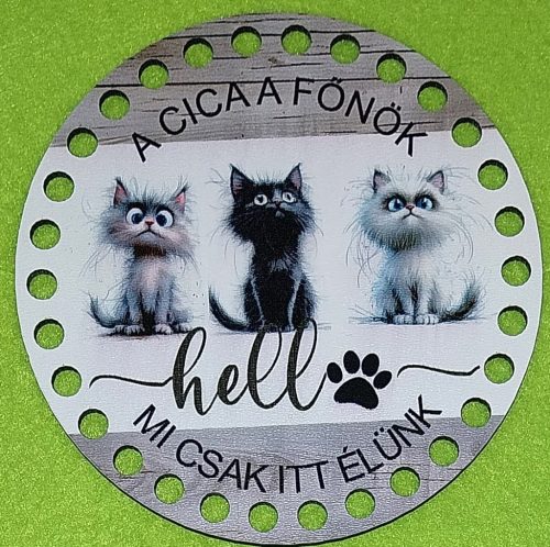 12cm Baza din lemn imprimata crosetabil cu gaura de 7 mm. Pisica "Doar locuim aici", 1 buc./pachet, 12 cm, grosime 2,5 mm.