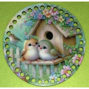   15cm Baza din lemn imprimata crosetabila cu gaura de 7 mm Pasari mici, cuplu de pasari inainte de hranire, 1 buc./pachet, 15 cm, grosime 2,5 mm 