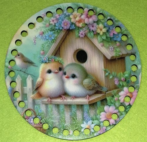 15cm Baza din lemn imprimata crosetabila cu gaura de 7 mm Pasari mici, cuplu de pasari inainte de hranire, 1 buc./pachet, 15 cm, grosime 2,5 mm 