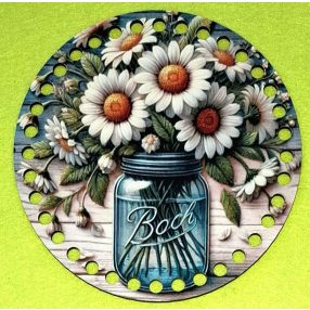   15cmBaza din lemn imprimata crosetabila cu gauri de 7 mm, fundal din carton, buchet de flori albe în sticla duncos, 1 buc/pachet, 15 cm, grosime 2,5 mm  