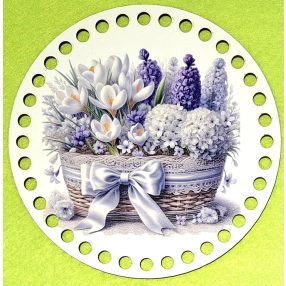   15cm Baza din lemn imprimata crosetabila cu gaura de 7 mm, ghiocel și zambilă mov în coș, 1 buc., 15 cm, grosime 2,5 mm 