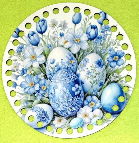 15cm Baza din lemn imprimata crosetabila cu ou albastru brodat cu gaura de 7 mm, 1 buc., 15 cm, grosime 2,5 mm 