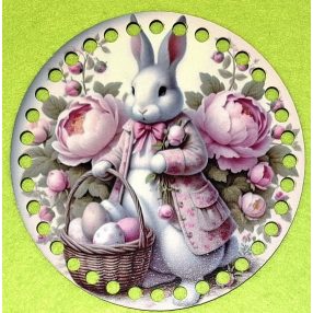   15cm Baza din lemn imprimata crosetabila cu gaura de 7 mm Iepuras alb cu floare roz 1 buc. 15 cm grosime 2,5 mm 