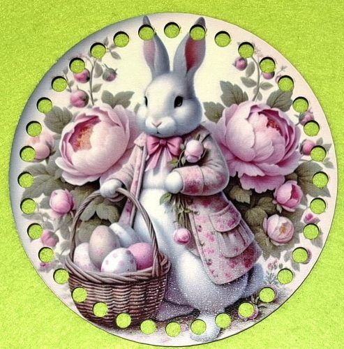 15cm Baza din lemn imprimata crosetabila cu gaura de 7 mm Iepuras alb cu floare roz 1 buc. 15 cm grosime 2,5 mm 