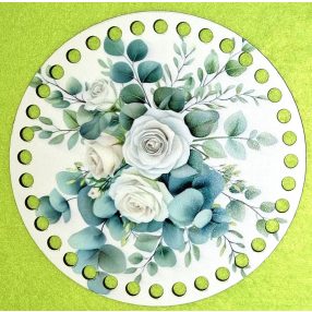   15cm Baza din lemn imprimata crosetabil cu gaura de 7 mm Eucalipt cu trandafir alb 1 buc 15 cm grosime 2,5 mm 