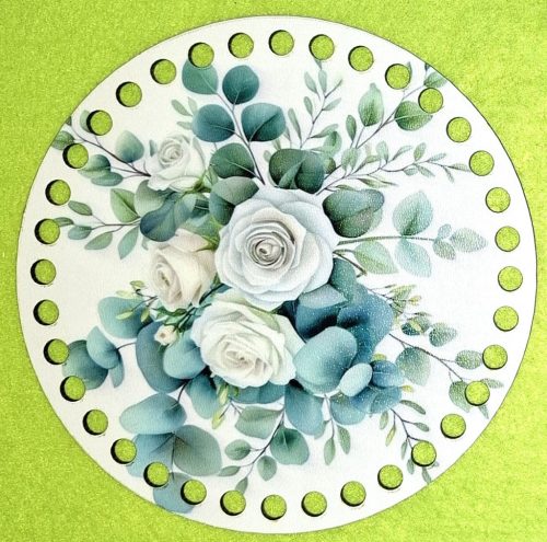 15cm Baza din lemn imprimata crosetabil cu gaura de 7 mm Eucalipt cu trandafir alb 1 buc 15 cm grosime 2,5 mm 