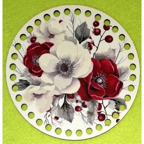   15CM Baza din lemn imprimata crosetabila cu gaura de 7 mm, model floral, 1 buc., 15 cm, grosime 2,5 mm. 