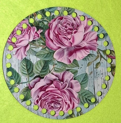 15cm Baza din lemn imprimata crosetabila cu gauri de 7 mm, fundal din carton, trandafir roz, 1 buc., 15 cm, grosime 2,5 mm 