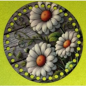   15cm Baza din lemn imprimata crosetabila cu gauri de 7 mm Fundal din scandura, model margarete 1 buc 15 cm grosime 2,5 mm